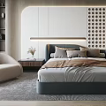 Modern Bedroom Interior Design With Large Bed Nightstand Chair Wardrobe And Decorative Wall
