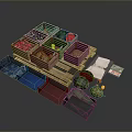 Fresh Fruits And Vegetables In Wooden Crates With Colorful Baskets And Labels