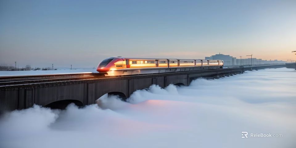Early Morning Landscape Featuring HighSpeed Train Crossing Bridge In Morning Fog Under Light Blue Sky 3d model 