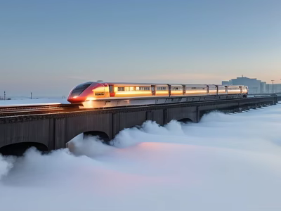 Early Morning Landscape Featuring HighSpeed Train Crossing Bridge In Morning Fog Under Light Blue Sky 3d model