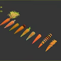 Fresh Carrots Whole and Sliced with Green Tops Arranged on Dark Background