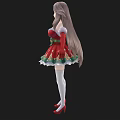 Woman in Festive Christmas Dress with Red Green Patterns Long Hair and Red Shoes