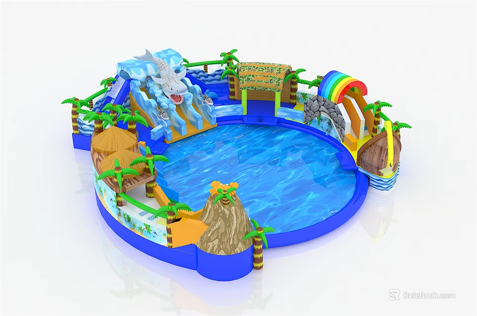 Colorful Inflatable Water Playground Equipment With Blue Pool Slide Rainbow And Palm Trees 3d model 