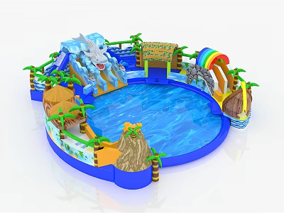 Colorful Inflatable Water Playground Equipment With Blue Pool Slide Rainbow And Palm Trees 3d model