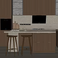 Modern Kitchen Interior With Bar Stools Wooden Cabinets And Island Counter