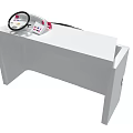White Workbench Table With Circular Equipment Control Panel And Red Cable
