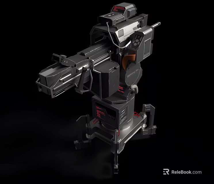 Futuristic Mechanical Weapon with Black Design Red Details and Mounted Base Structure 3d model