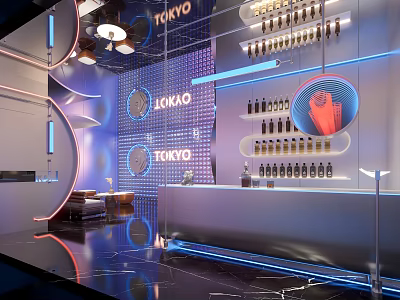 Modern Tokyo KTV Interior Design With Blue Lighting Bar Counter Wine Bottles And Sofa 3d model