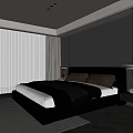 Modern Bedroom With Dark Wall Large Bed Bedside Lamps Floor To Ceiling Curtains And Rug