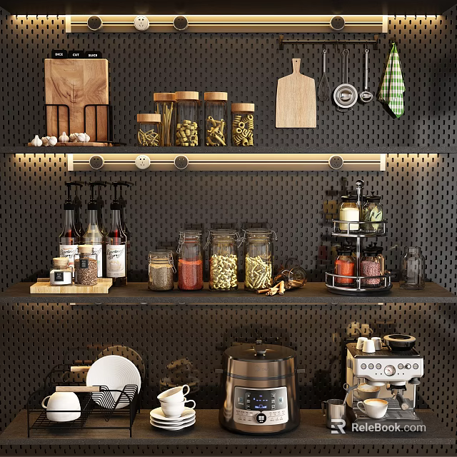 Modern Kitchen Tableware Set with Storage Shelf Jars Wooden Cutting Board and Coffee Maker 3d model 
