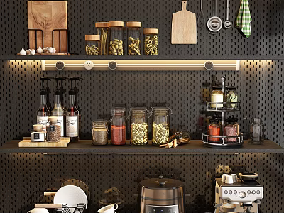 Modern Kitchen Tableware Set with Storage Shelf Jars Wooden Cutting Board and Coffee Maker 3d model