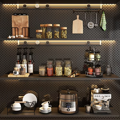 Modern Kitchen Tableware Set with Storage Shelf Jars Wooden Cutting Board and Coffee Maker 3d model