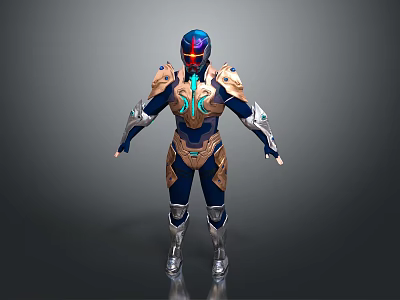 Game Movie Character Wearing Blue And Gold Armor With Glowing Chest Design 3d model