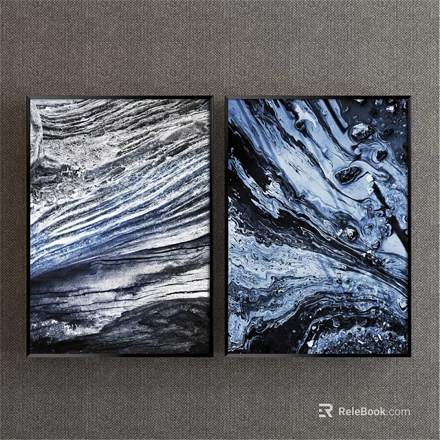 Abstract Wall Art Paintings With Wave Patterns Fluid Textures In Black White Gray Blue Silver 3d model