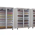 Multiple Commercial Glass Door Refrigerators Stocked With Beverages For Retail