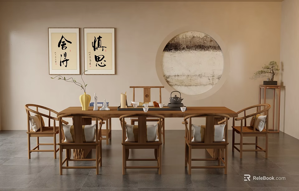 Traditional Chinese Tea Room With Wooden Table Chairs Tea Set And Decorative Paintings 3d model 