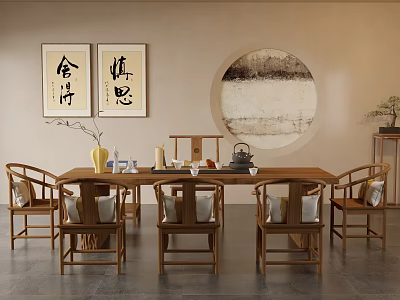 Traditional Chinese Tea Room With Wooden Table Chairs Tea Set And Decorative Paintings 3d model