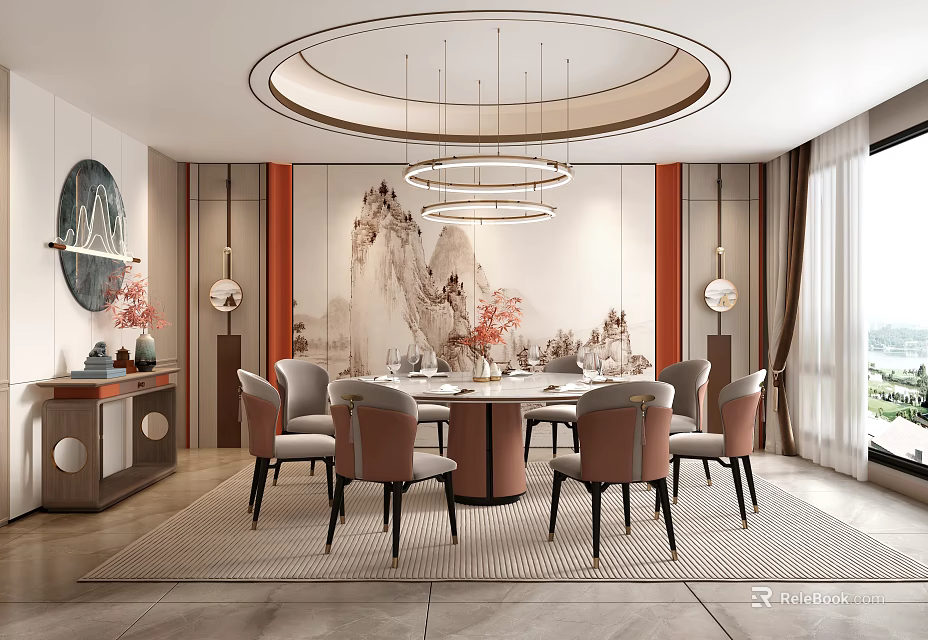 Elegant Chinese Style Private Dining Room With Round Table Pendant Lights And Landscape Painting 3d model 