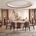 Elegant Chinese Style Private Dining Room With Round Table Pendant Lights And Landscape Painting