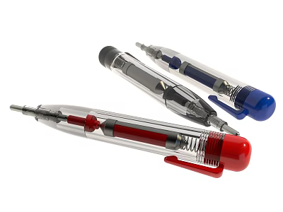 Transparent Mechanical Pens With Red Blue Accents And Spring Mechanism Design 3d model