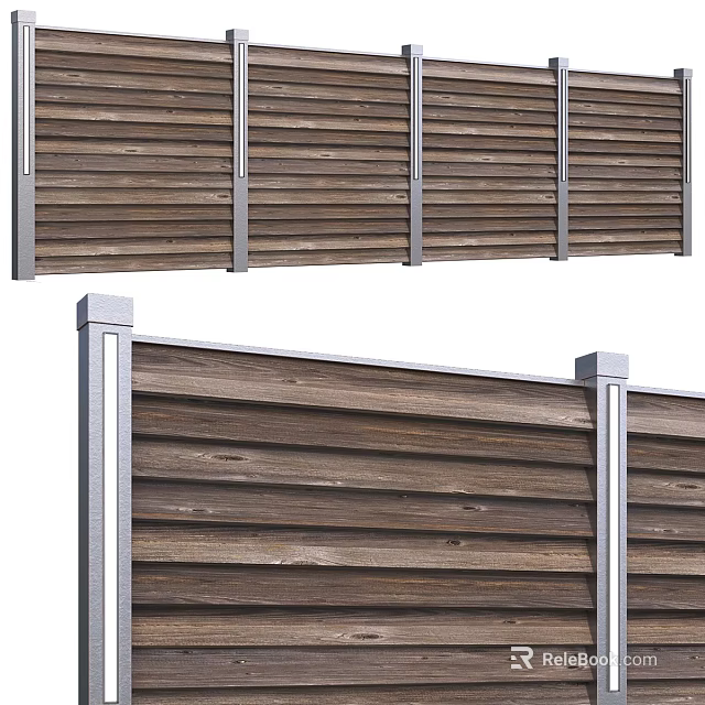 Modern Wooden Slatted Fence With Metal Posts Outdoor Structure Design 3d model 