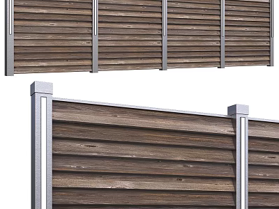 Modern Wooden Slatted Fence With Metal Posts Outdoor Structure Design 3d model