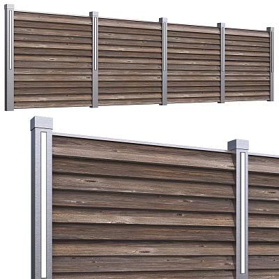 Modern Wooden Slatted Fence With Metal Posts Outdoor Structure Design 3d model