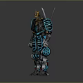 Samurai Themed Robot With Golden Helmet Blue Luminous Armor And Dual Swords