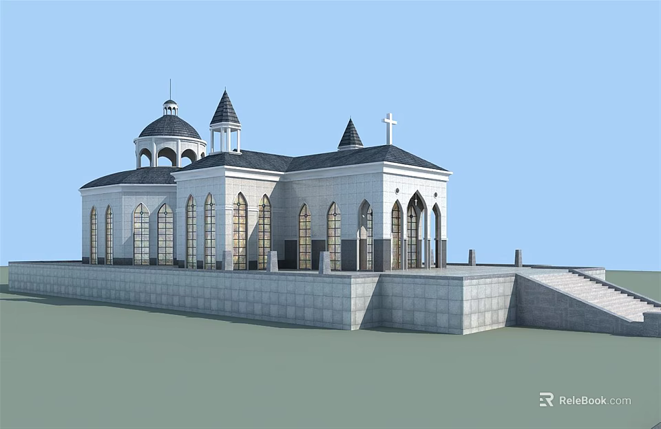 Classic European style Architecture With Dome Spires Cross Arched Windows And Stone Walls 3d model 