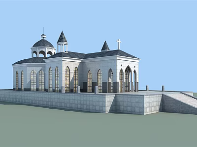 Classic European style Architecture With Dome Spires Cross Arched Windows And Stone Walls 3d model