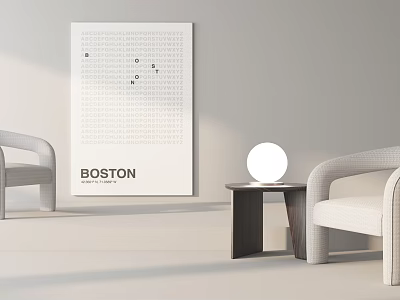 Leisure Chairs in Modern Minimalist Interior with Boston Poster and Small Round Table 3d model