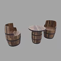 Rustic Barrel Shaped Wooden Table And Chairs Set For Home Decor 3d model