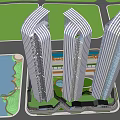 Modern Illuminated Tall Buildings At Night With Waterfront And Palm Trees