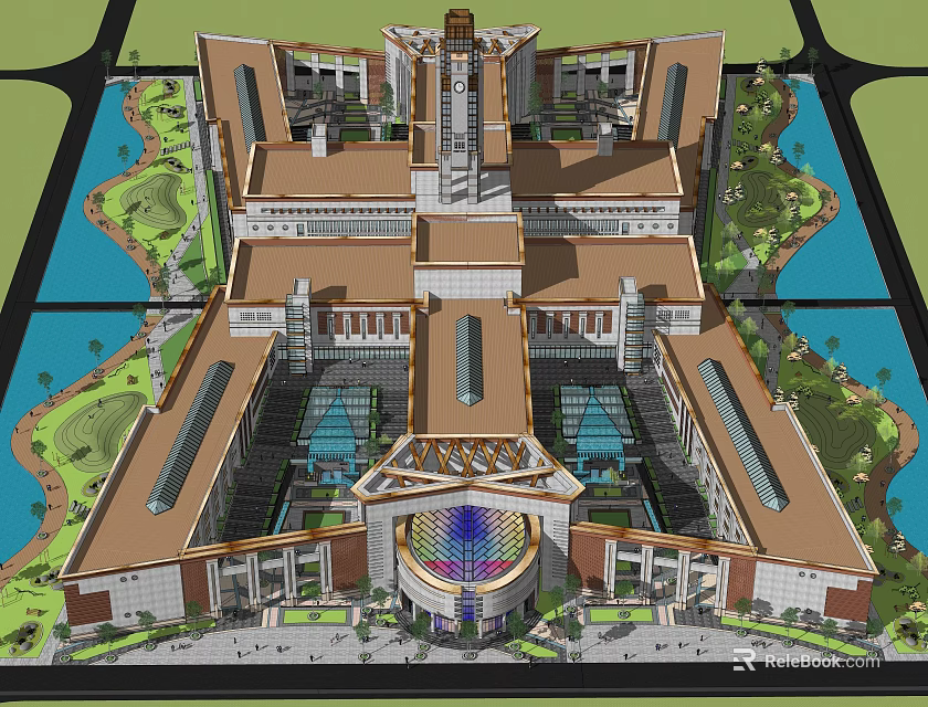 Spacious Office Building Complex With Central Courtyard Water Features And Green Spaces 3d model 