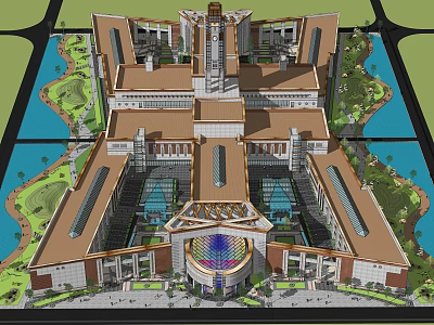 Spacious Office Building Complex With Central Courtyard Water Features And Green Spaces 3d model