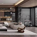 Elegant Modern Living Room Interior With Beige Sofa Marble Accent Wall And Bookshelves
