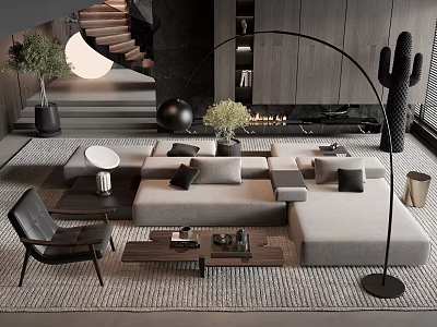 Modern Living Room Sofa and Coffee Table Set with Black Armchair Floor Lamp and Fireplace 3d model