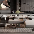 Modern Living Room Sofa and Coffee Table Set with Black Armchair Floor Lamp and Fireplace