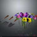 Vibrant Multicolored Flowers With Shovel Rake And Trowel Garden Tools