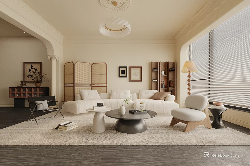 Modern Living Room Interior With Beige Sofa Round Coffee Table Area Rug And Chandelier 3d model 