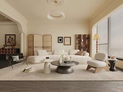 Modern Living Room Interior With Beige Sofa Round Coffee Table Area Rug And Chandelier 3d model