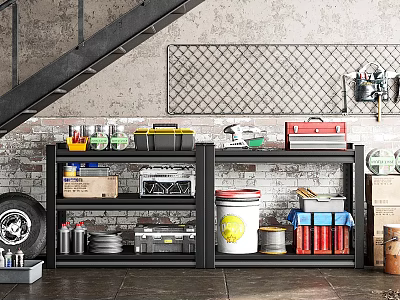 Industrial Storage Shelves With Toolboxes Cans Bucket Dishes Red Bottles On Brick Wall 3d model