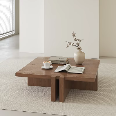 Brown Wooden Coffee Table With Open Book Stacked Books Vase And Coffee Cup On Light Rug 3d model