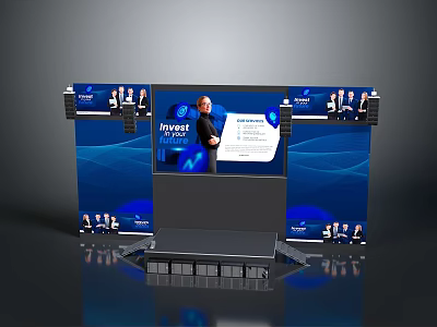 Modern Presentation Stage With Large Screen Displaying Innovate And Blue Wave Design 3d model