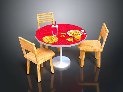 Round Red Dining Table With Three Wooden Chairs And Fast Food On Top 3d model