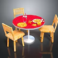 Round Red Dining Table With Three Wooden Chairs And Fast Food On Top