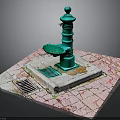 Green Water Fountain On Square Concrete Base With Red Brick Paved Ground And Drainage Grate
