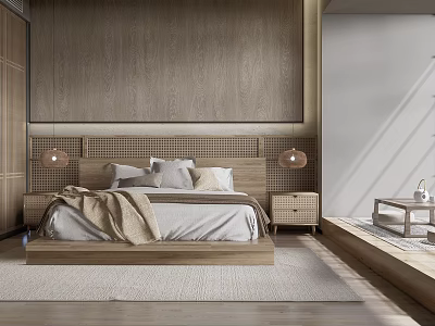 Modern Bedroom Interior With Wooden Accent Wall Platform Bed Nightstands Pendant Lights And Area Rug 3d model