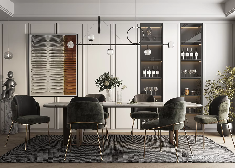 Modern Elegant Dining Table Set With Comfortable Chairs Pendant Lights And Artwork 3d model