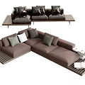 Brown Sectional Sofa With Gray White Cushions On Grid Patterned Platform And Decorative Items
